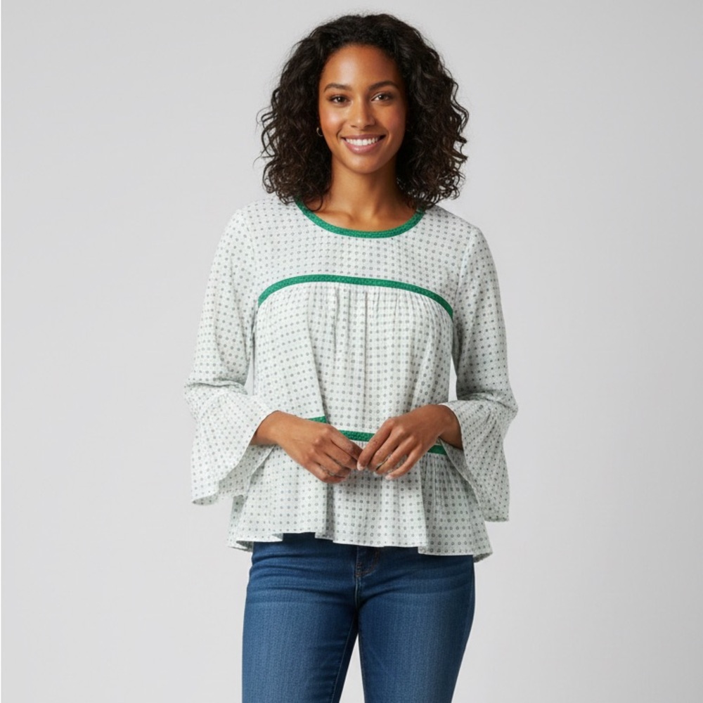Crown & Ivy Green White Printed Peasant Blouse Embroidered Bell Sleeve Large